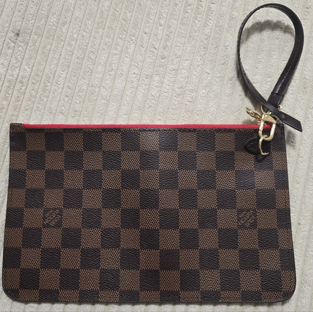 Brown Checkered Wristlet Pouch with Red Trim